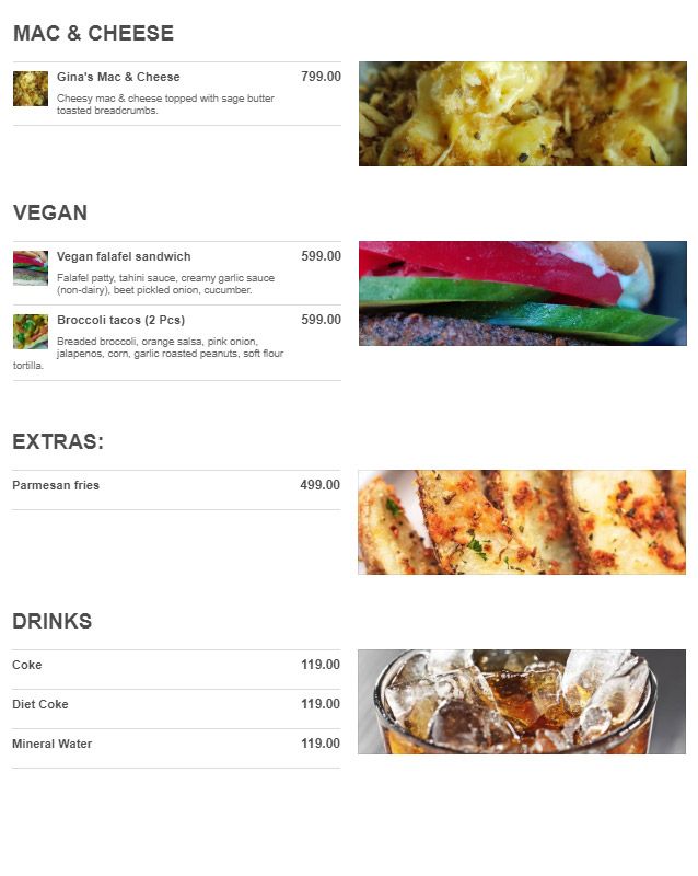 Gourmet Gina menu