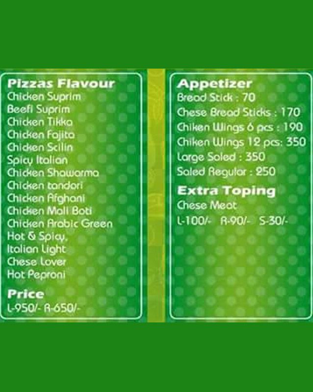 Green Pizza menu