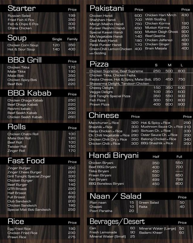 Grill Tonight menu