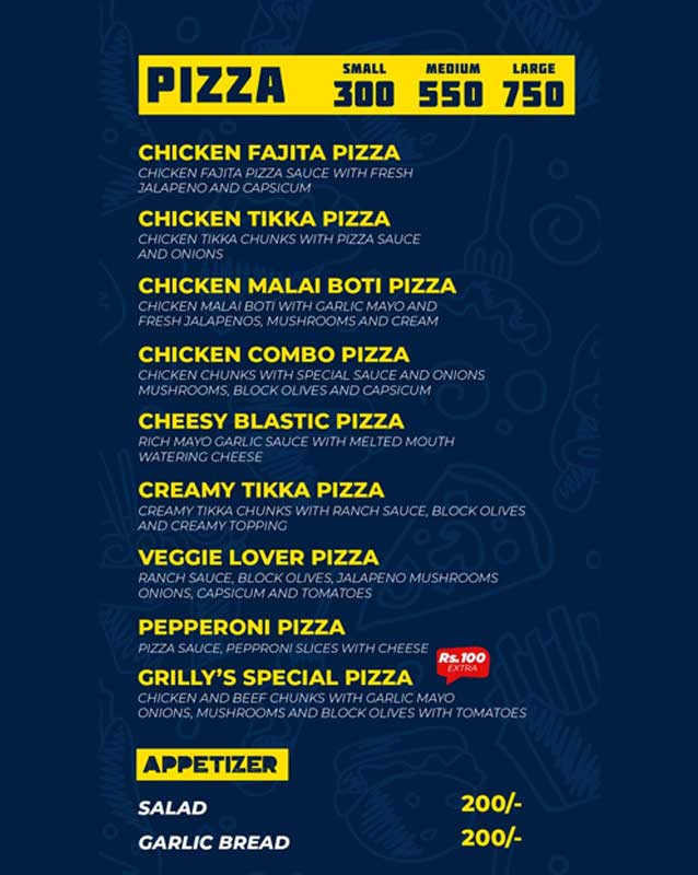 Grilly's menu