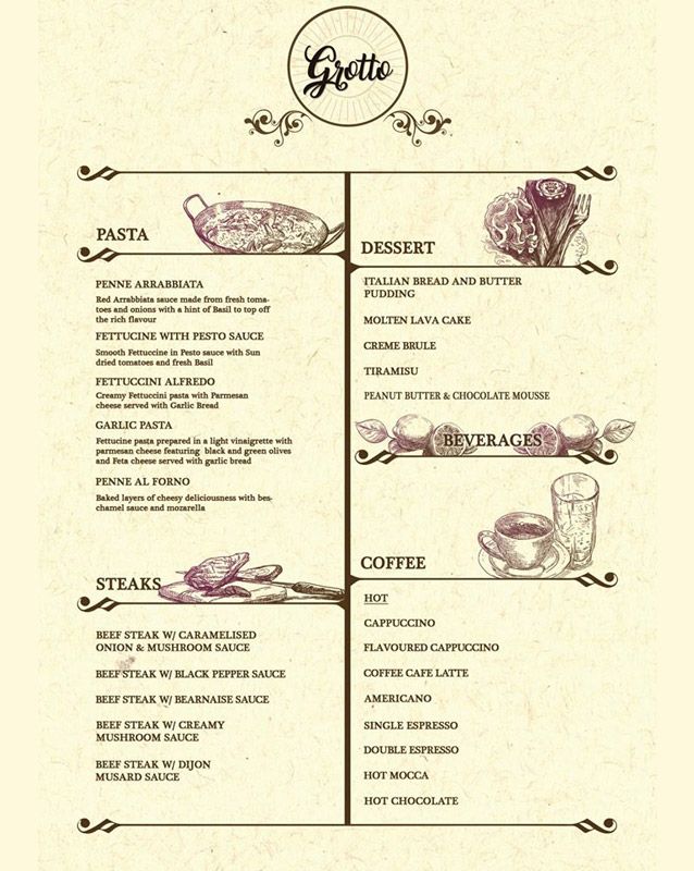 Grotto Cafe menu