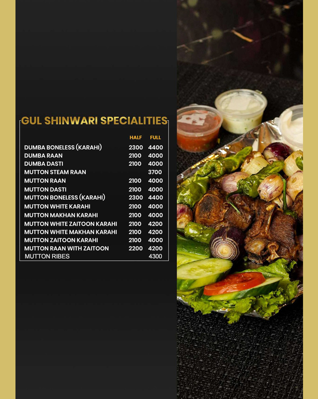 Gul Shinwari Restaurant menu