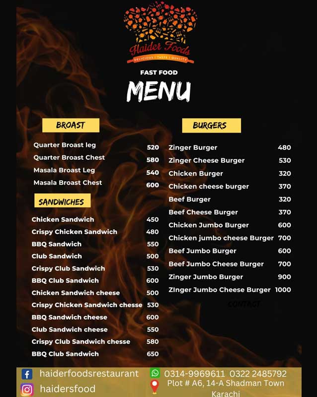 Haider Foods menu