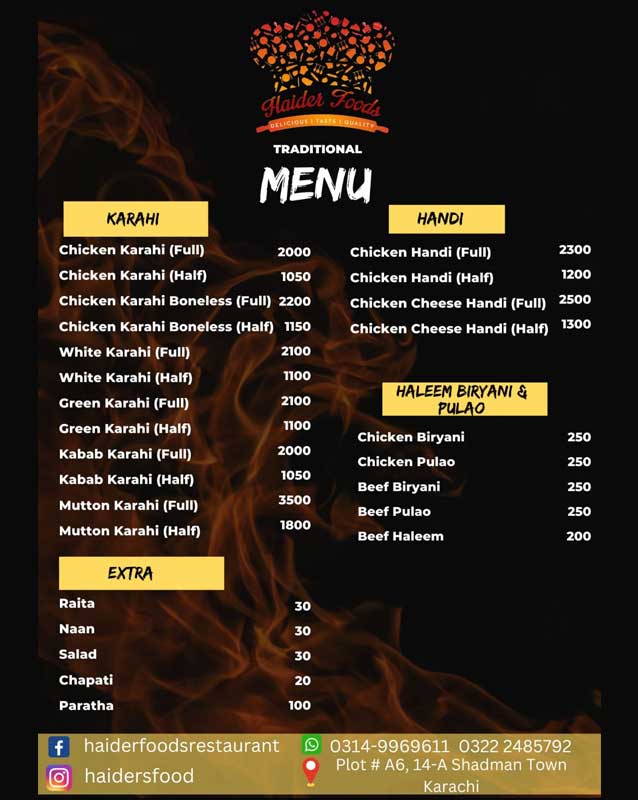 Haider Foods menu