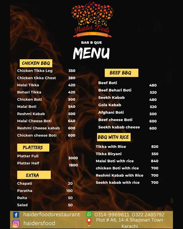 Haider Foods menu