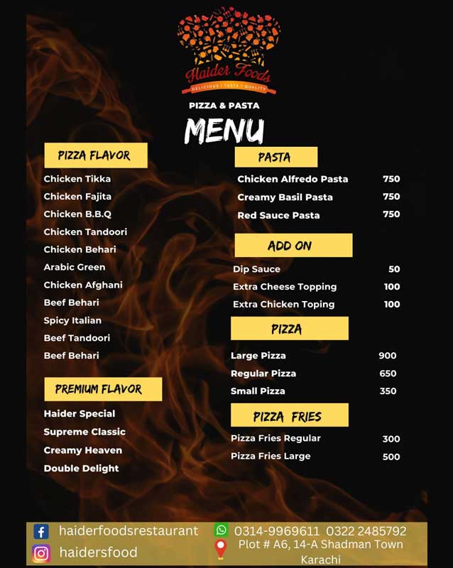 Haider Foods menu