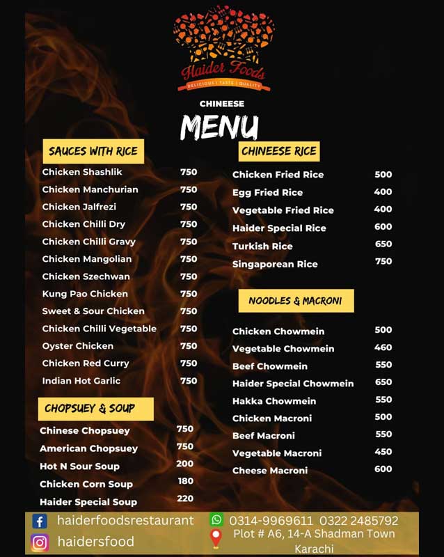 Haider Foods menu