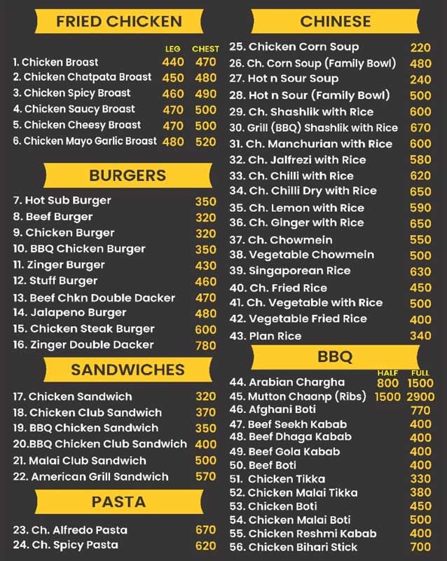 Hassan Zai Broast menu