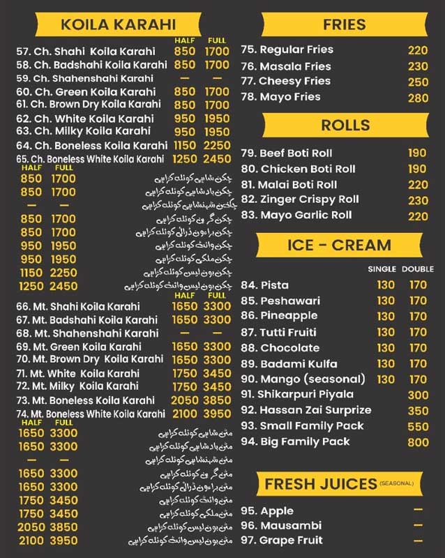 Hassan Zai Broast menu