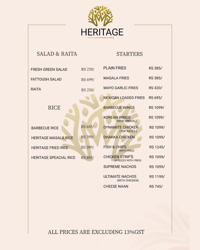Heritage (North Walk) menu