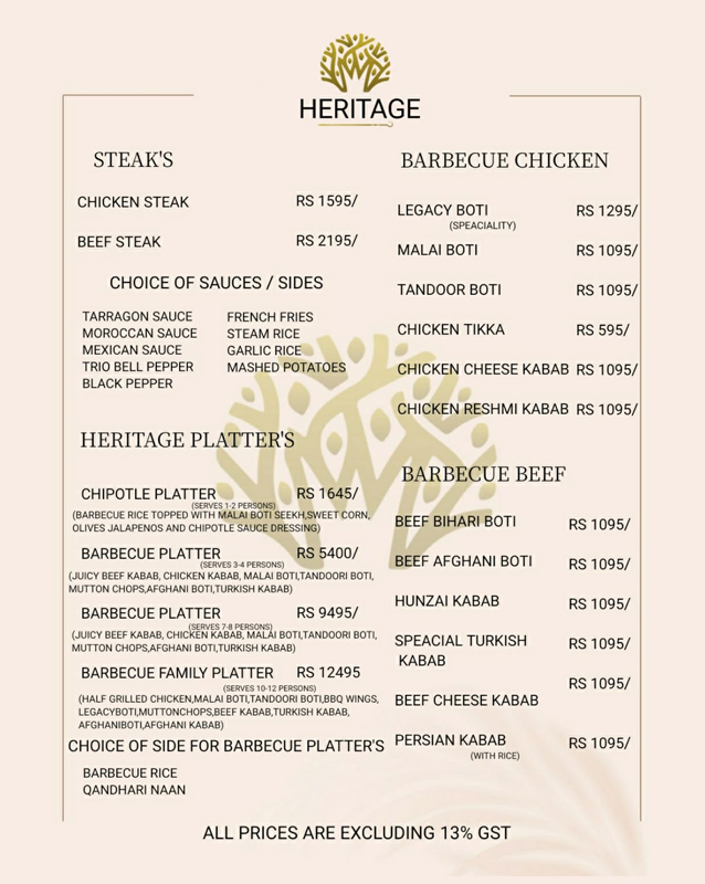 Heritage (North Walk) menu