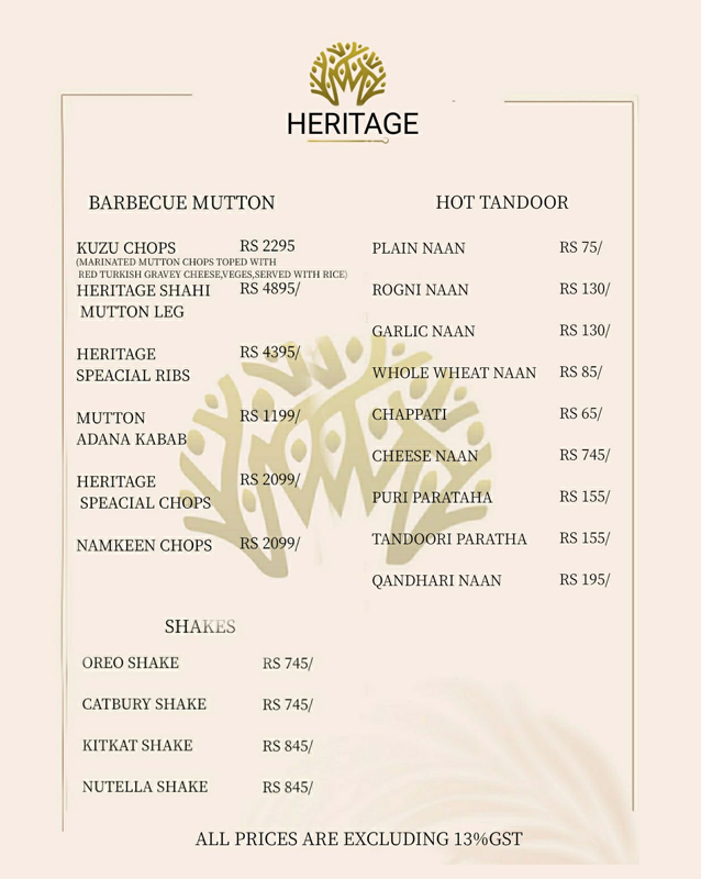 Heritage (North Walk) menu