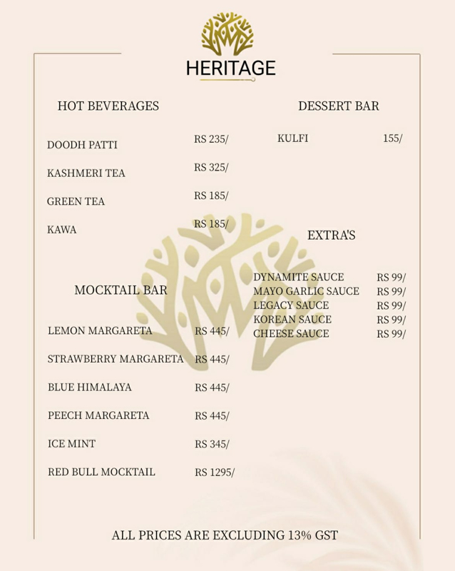 Heritage (North Walk) menu