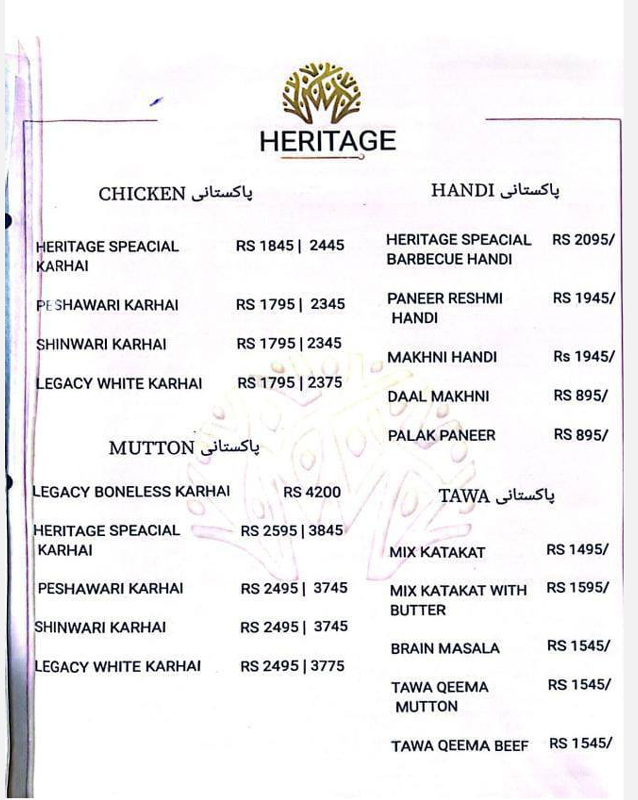 Heritage Highway  menu