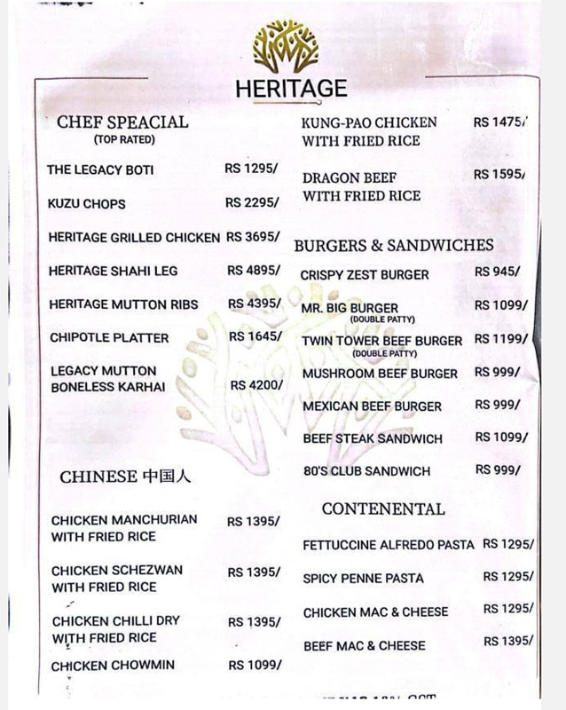 Heritage Highway  menu