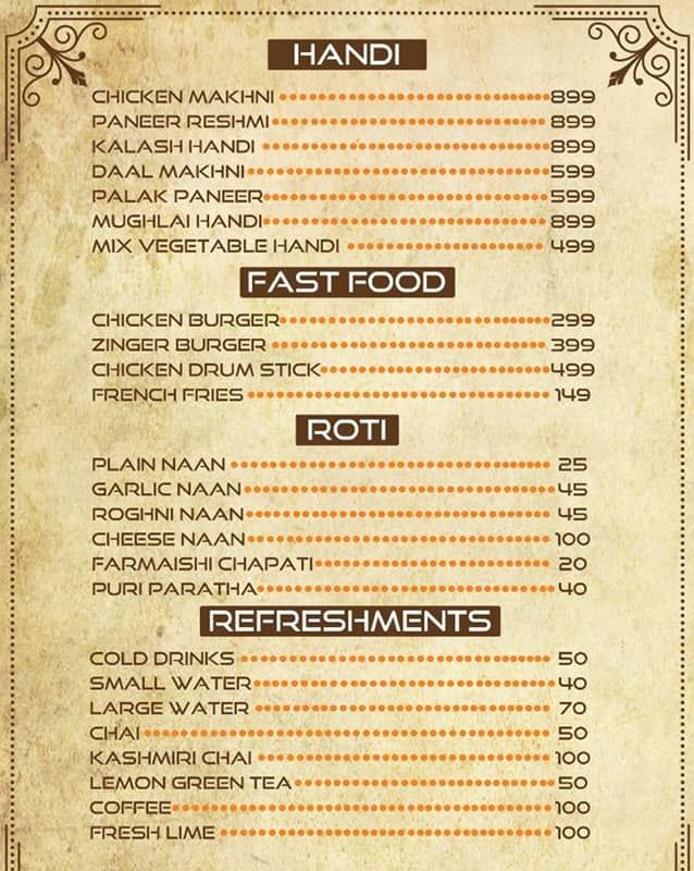 Highway Tarka menu