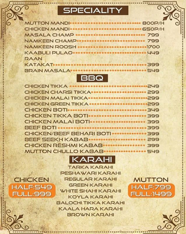 Highway Tarka menu