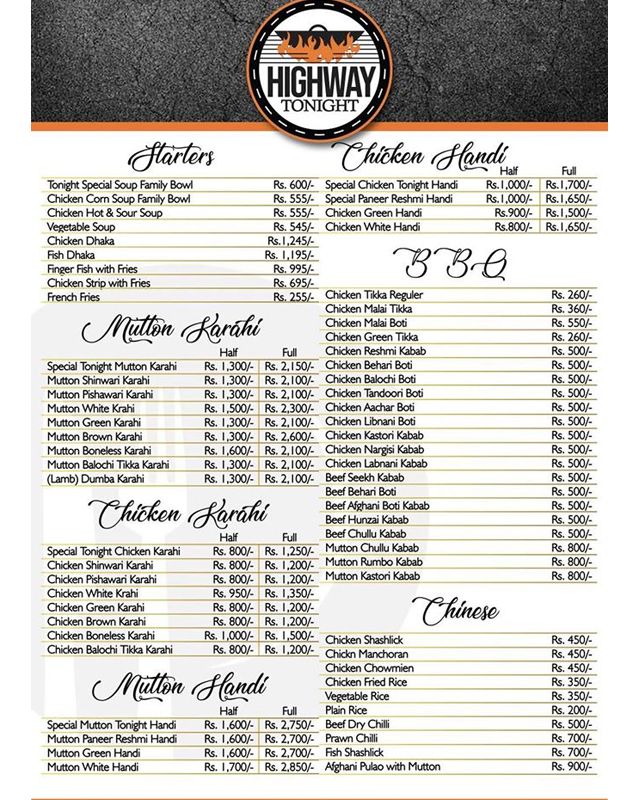 Highway Tonight Karachi menu