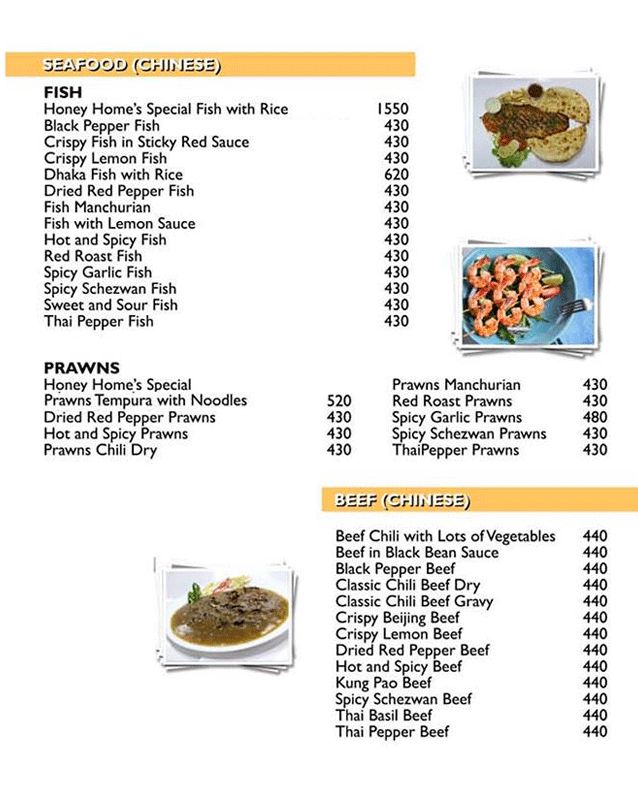 Honey Home's menu