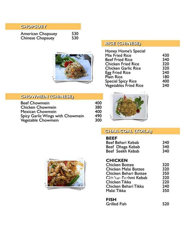 Honey Home's menu
