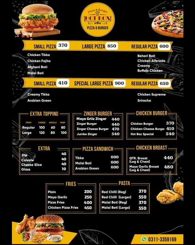 Hot Box Pizza menu