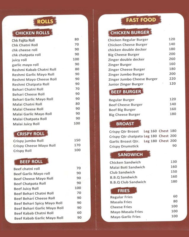 Hot n Mirchi Roll menu