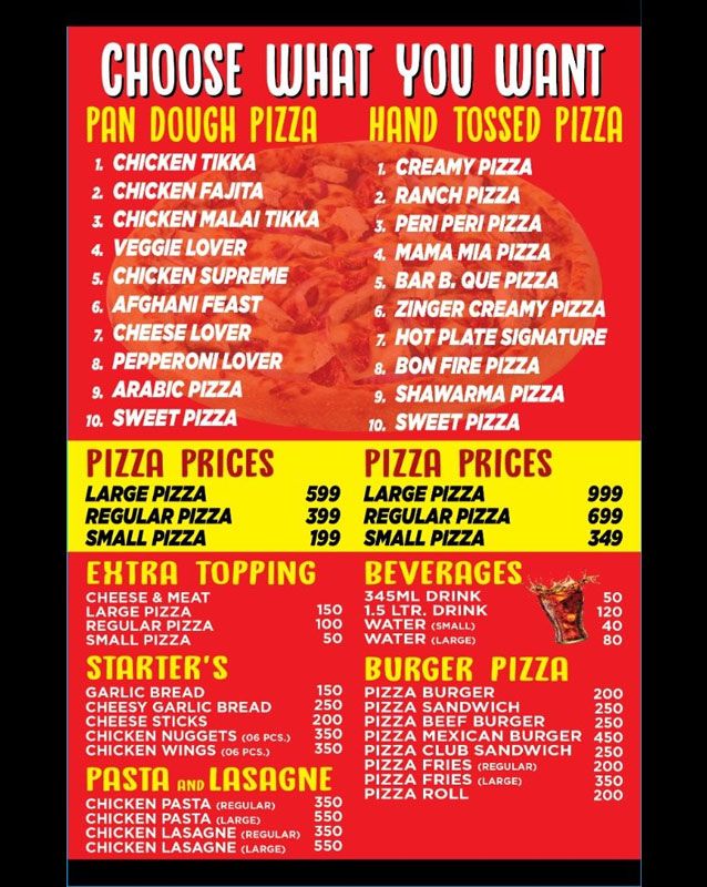 Hot Plate Pizzeria & Fast Food menu