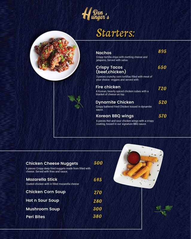 Hunger's Den menu