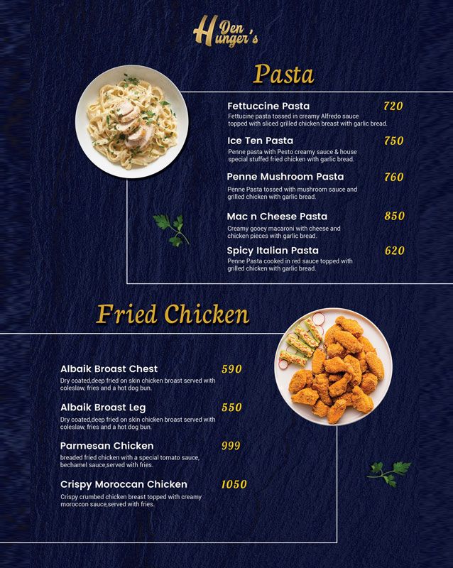 Hunger's Den menu