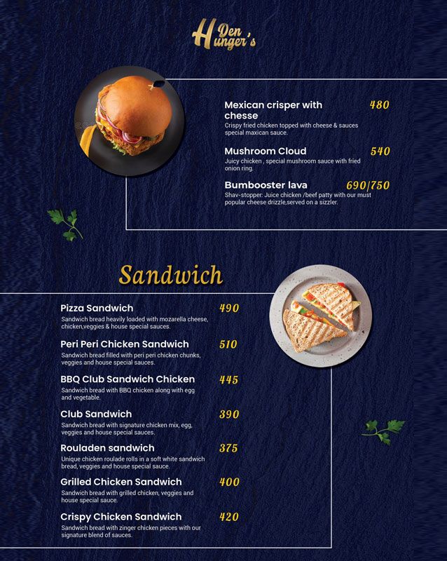 Hunger's Den menu
