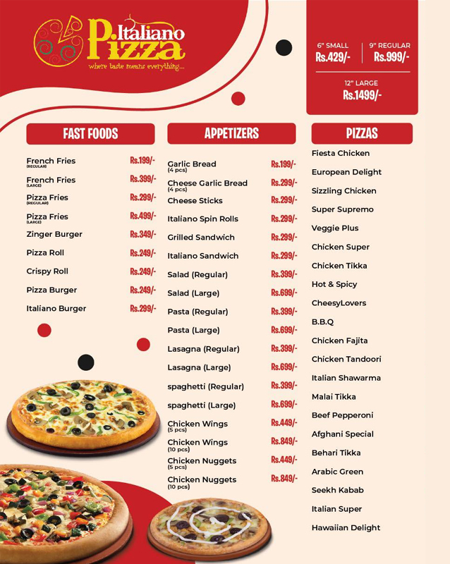 Italiano Pizza menu