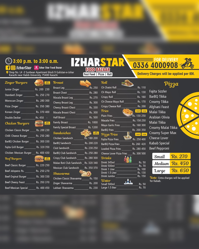 Izhar Star menu