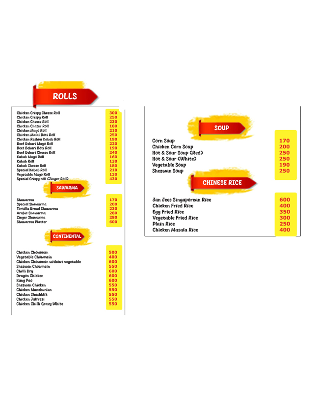 Jan Jee's Broast menu