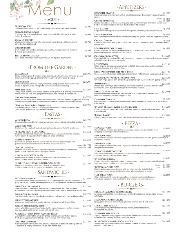 Jardin Restaurant menu