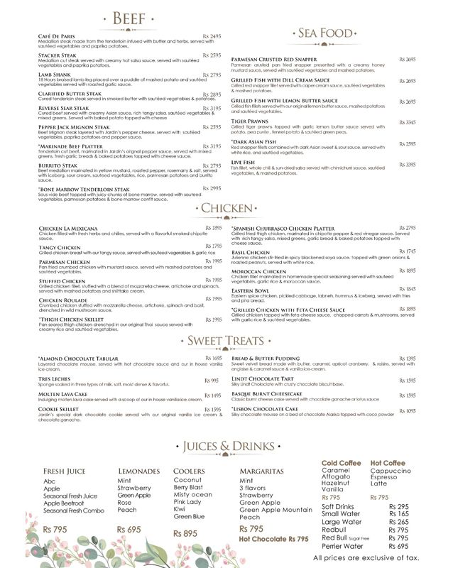 Jardin Restaurant menu