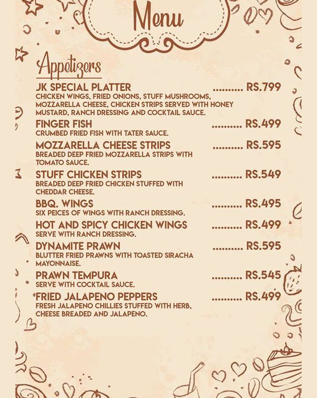JK Cafe and Restaurant menu