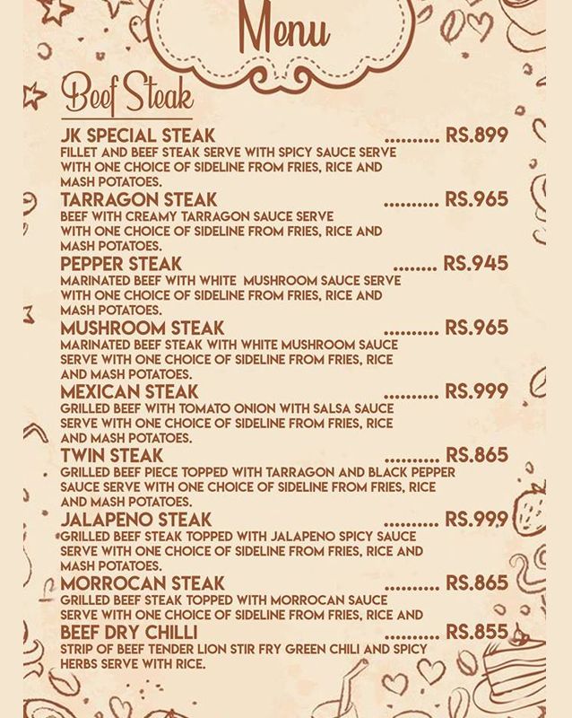 JK Cafe and Restaurant menu