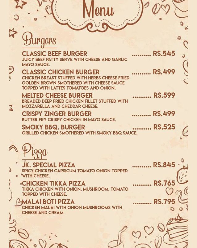 JK Cafe and Restaurant menu