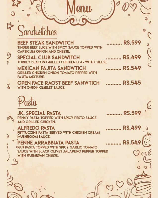 JK Cafe and Restaurant menu