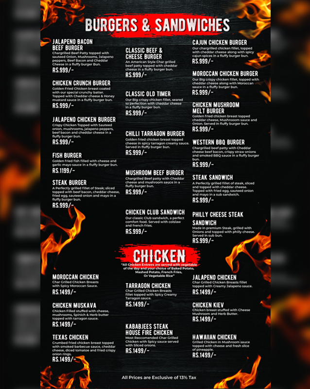 Kababjees Steakhouse menu