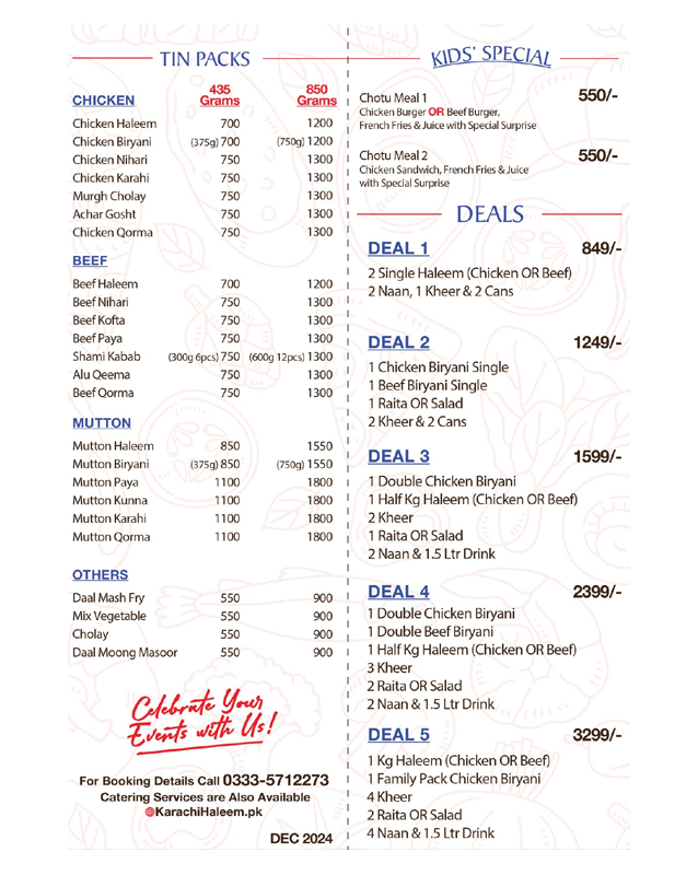 Karachi Haleem menu