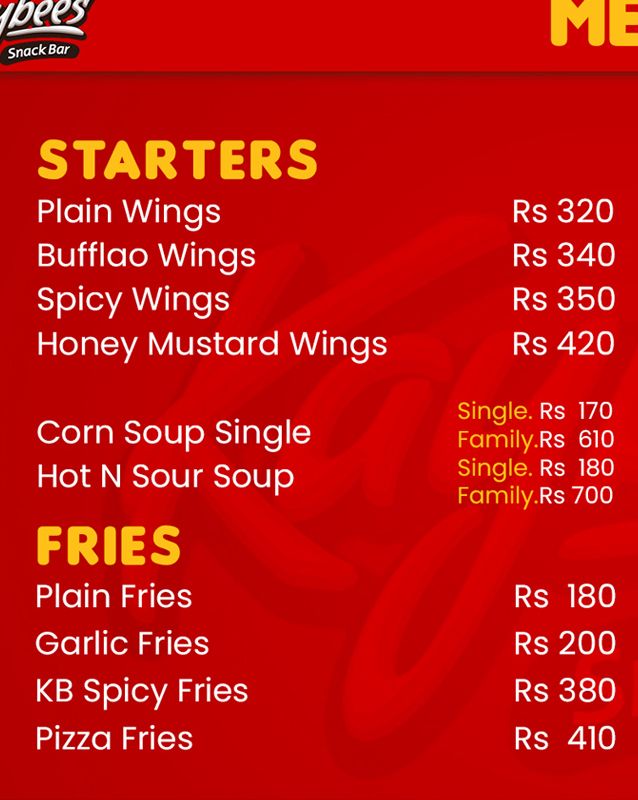 Kaybee's Snack Bar menu