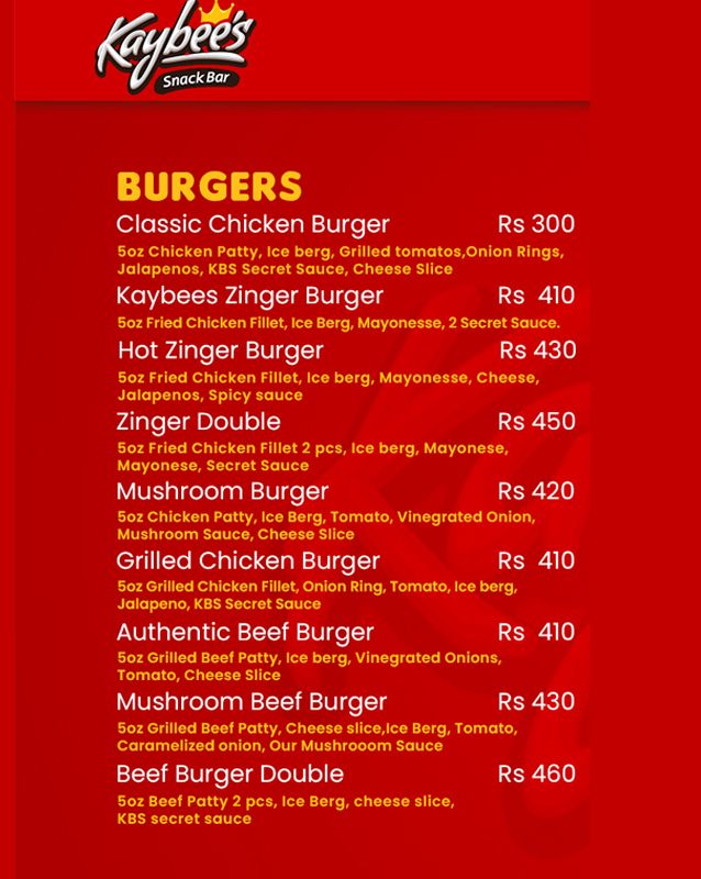 Kaybee's Snack Bar menu