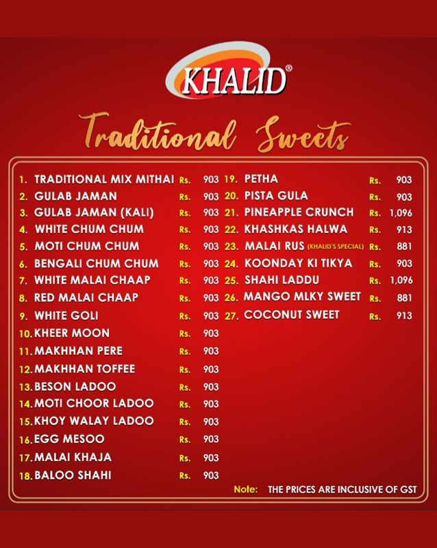Khalid Sweets menu