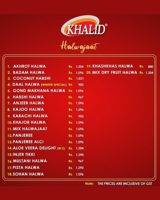 Khalid Sweets menu