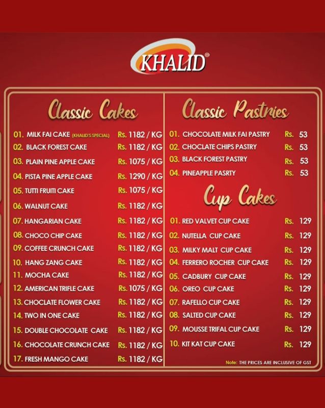 Khalid Sweets menu