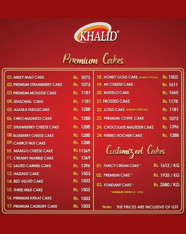 Khalid Sweets menu