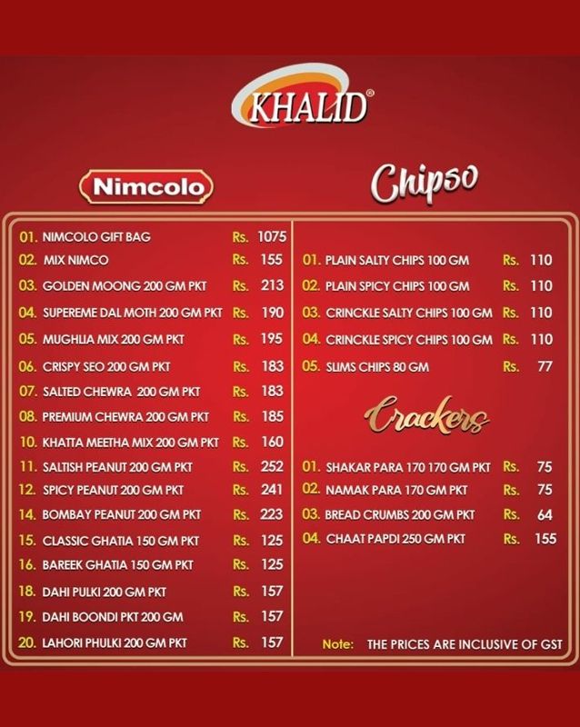 Khalid Sweets menu