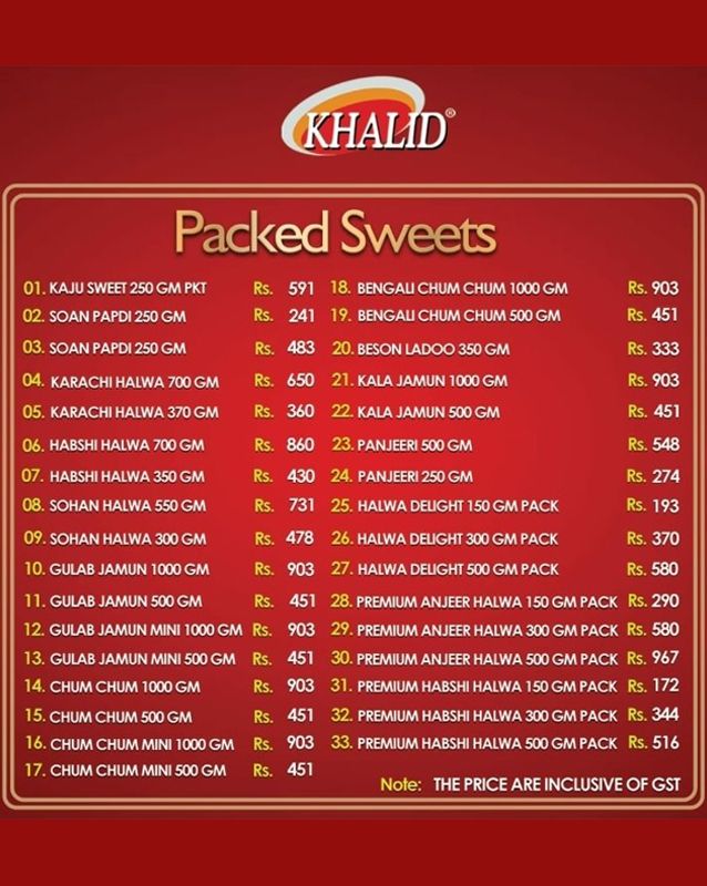 Khalid Sweets menu