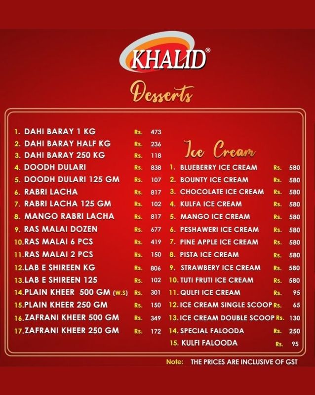 Khalid Sweets menu